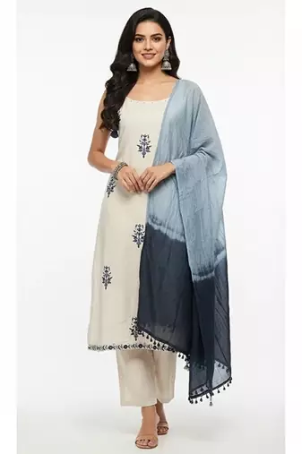 Beige cotton embroidered kurta sets