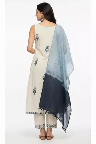 Beige cotton embroidered kurta sets