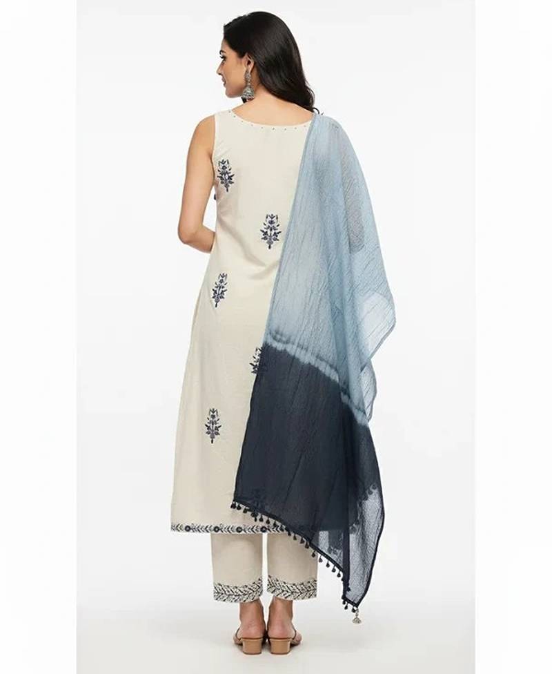 Beige cotton embroidered kurta sets