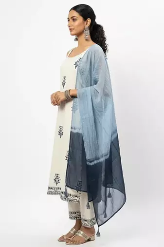 Beige cotton embroidered kurta sets