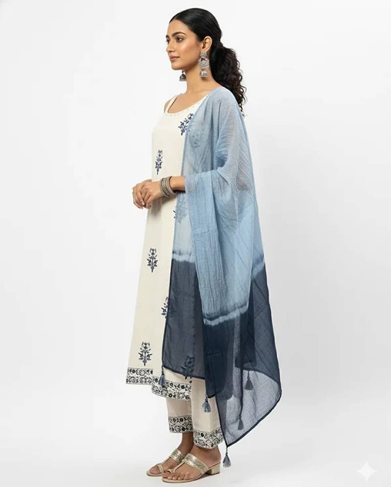 Beige cotton embroidered kurta sets