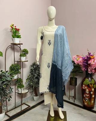 Beige cotton embroidered kurta sets 4