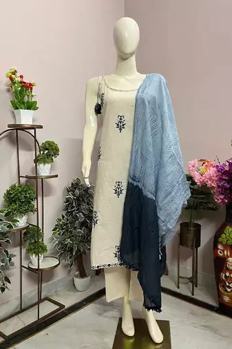 Beige cotton embroidered kurta sets