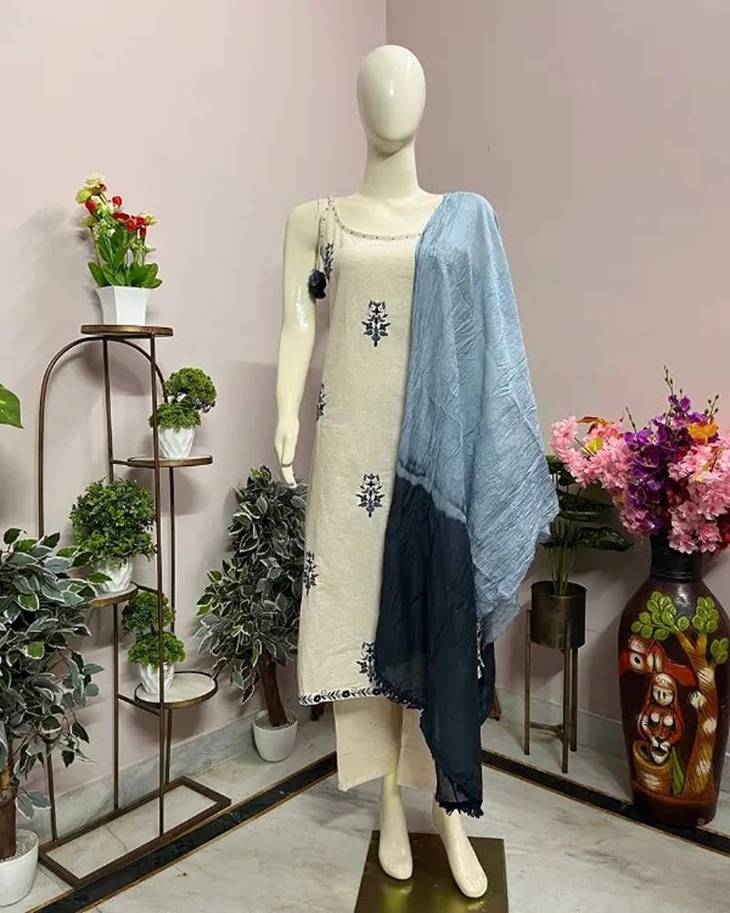 Beige cotton embroidered kurta sets