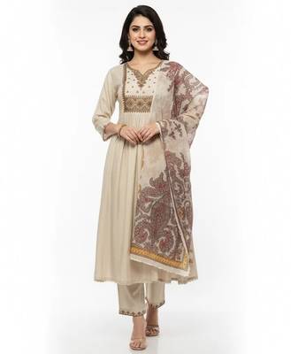 Beige chanderi silk embroidered kurta sets 1