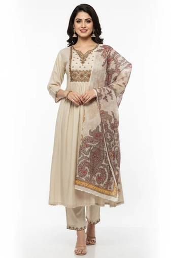Beige chanderi silk embroidered kurta sets
