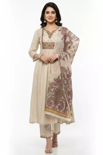 Beige chanderi silk embroidered kurta sets