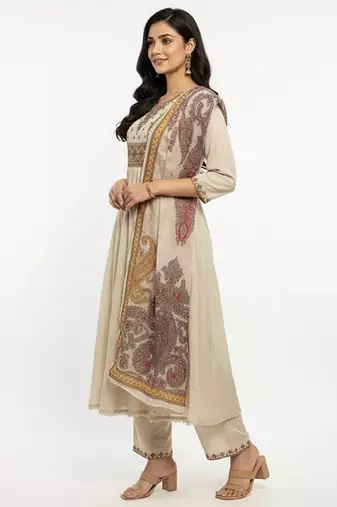 Beige chanderi silk embroidered kurta sets