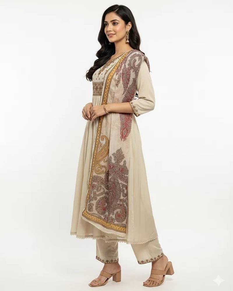Beige chanderi silk embroidered kurta sets