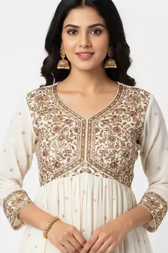Beige chanderi silk embroidered kurta sets