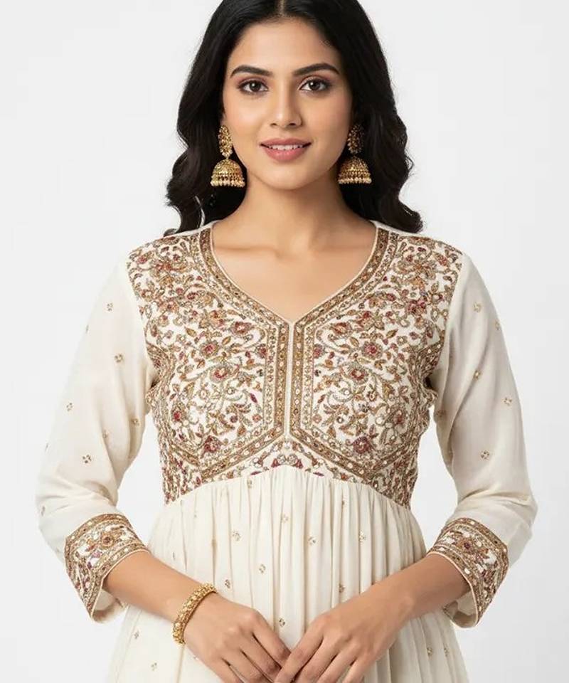 Beige chanderi silk embroidered kurta sets