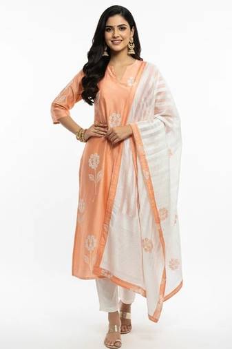 Orange chanderi printed kurta sets