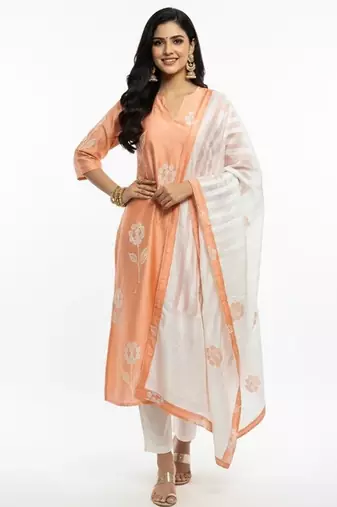 Orange chanderi printed kurta sets