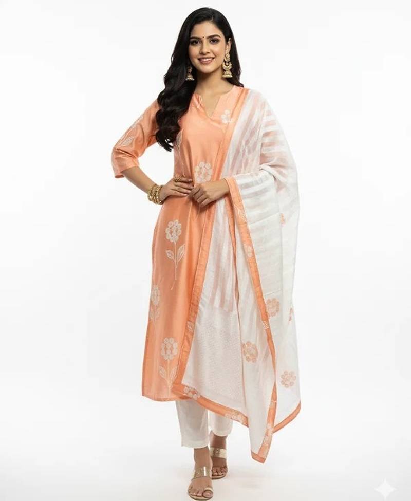 Orange chanderi printed kurta sets