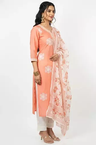 Orange chanderi printed kurta sets