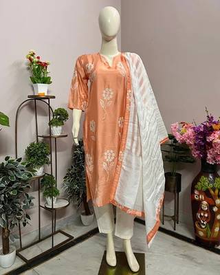 Orange chanderi printed kurta sets 4