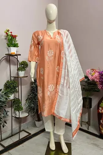 Orange chanderi printed kurta sets