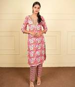 Pink cotton printed kurta sets