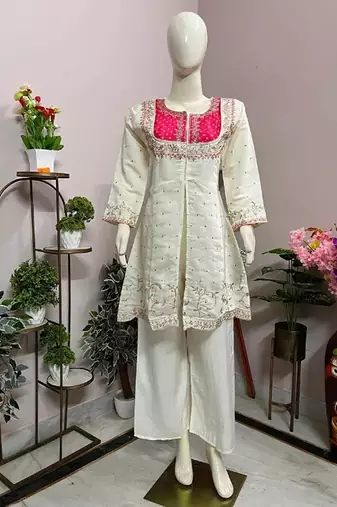 White cotton embroidered kurta sets