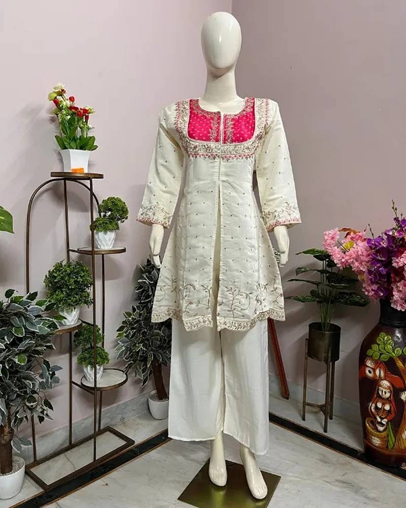 White cotton embroidered kurta sets