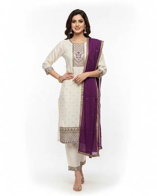 White viscose rayon embroidered kurta sets 1
