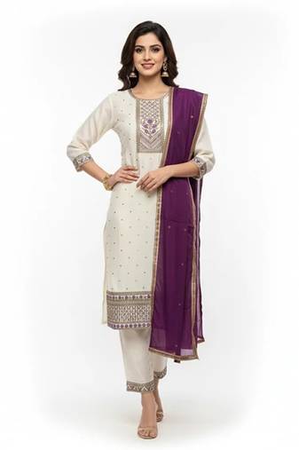 White viscose rayon embroidered kurta sets