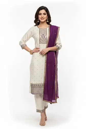 White viscose rayon embroidered kurta sets
