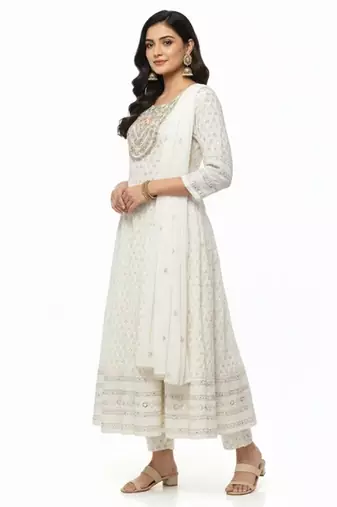 White dupion silk embroidered kurta sets