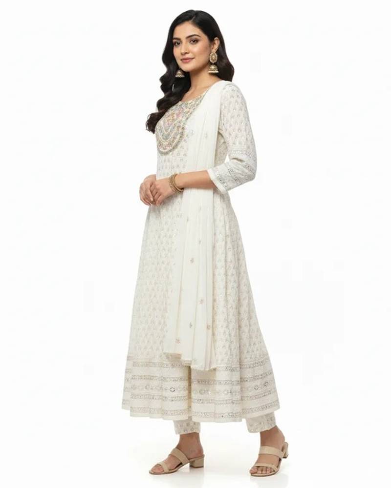 White dupion silk embroidered kurta sets