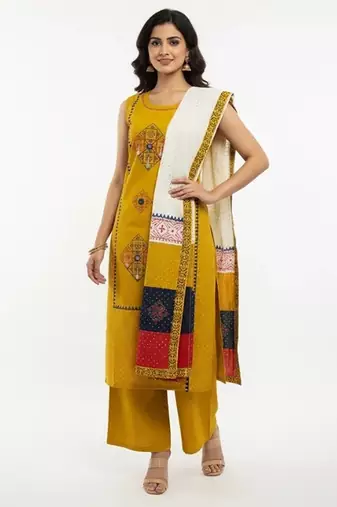 Yellow cotton printed kurta sets