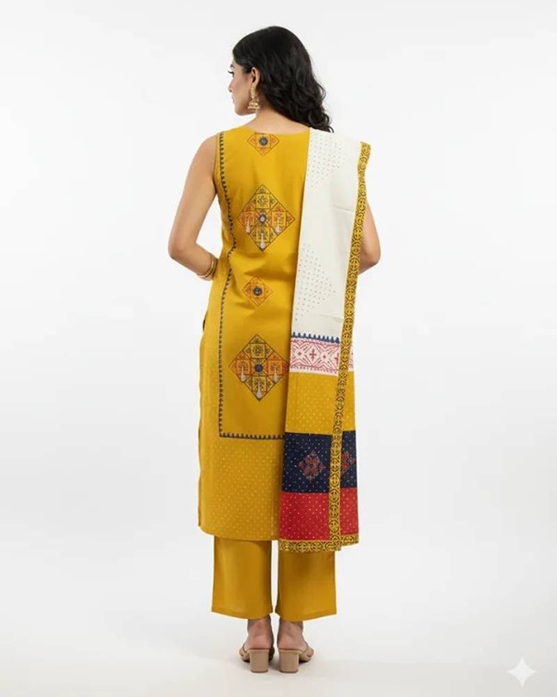 Yellow cotton printed kurta sets