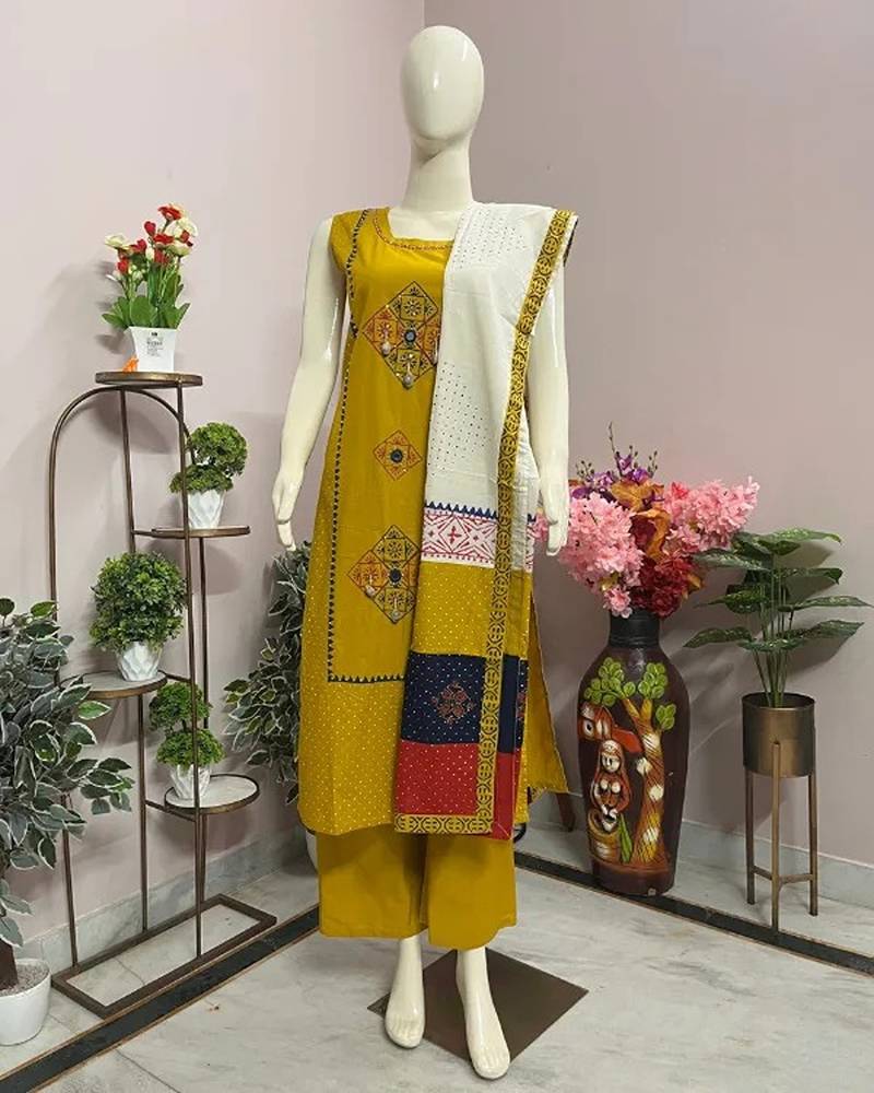 Yellow cotton printed kurta sets