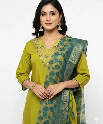 Yellow blended embroidered kurta sets 3