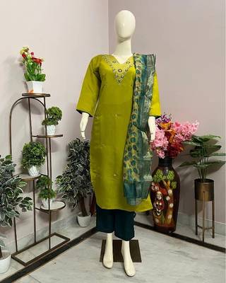 Yellow blended embroidered kurta sets 1