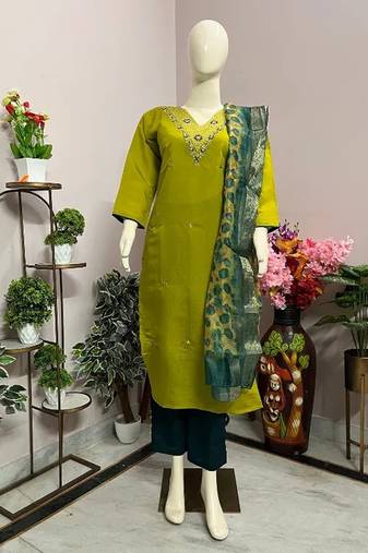 Yellow blended embroidered kurta sets
