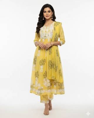 Yellow cotton embroidered kurta sets 1