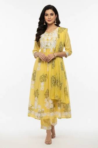 Yellow cotton embroidered kurta sets