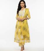 Yellow cotton embroidered kurta sets