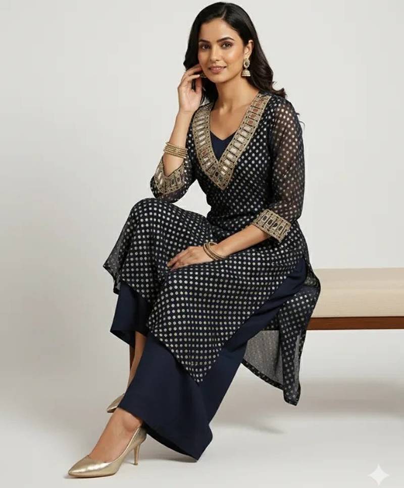 Navy blue georgette embroidered kurta sets