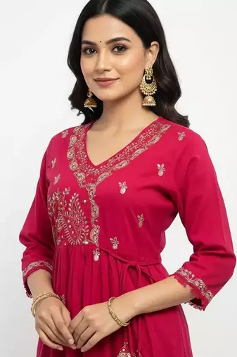 Pink cotton embroidered kurta sets