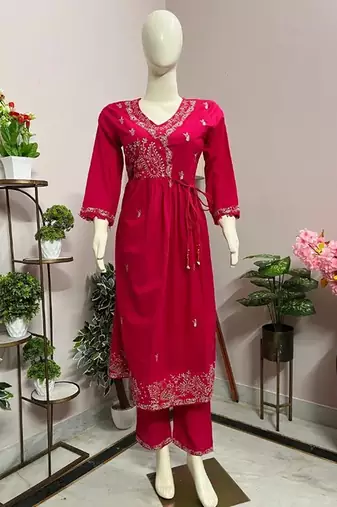 Pink cotton embroidered kurta sets