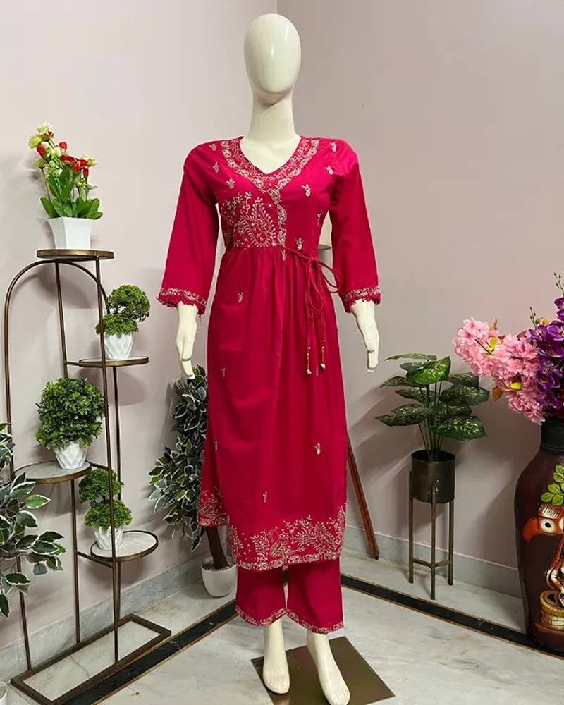Pink cotton embroidered kurta sets