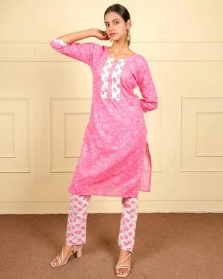 Pink cotton printed kurta sets 1