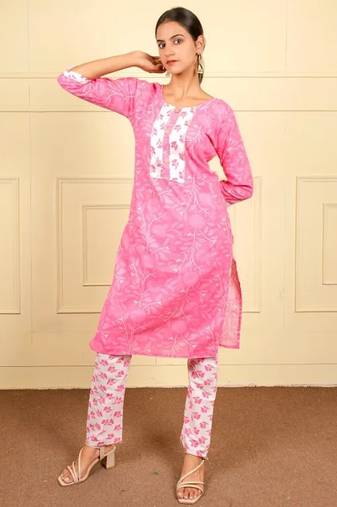 Pink cotton printed kurta sets