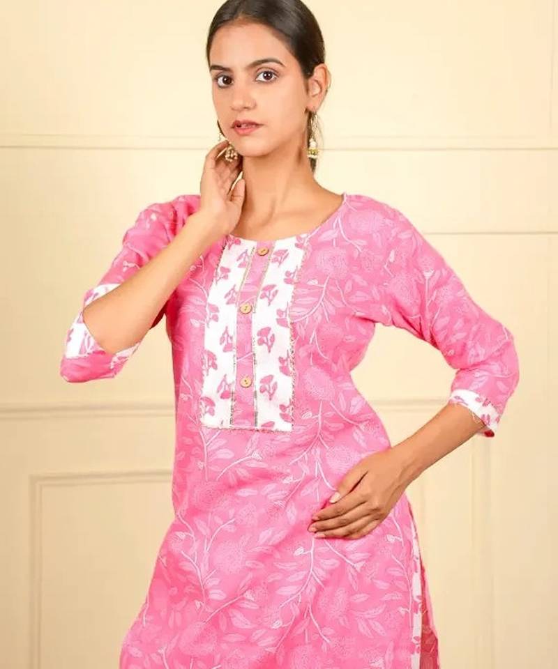 Pink cotton printed kurta sets