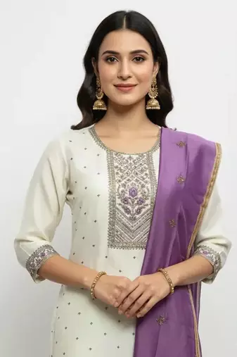 White viscose rayon embroidered kurta sets
