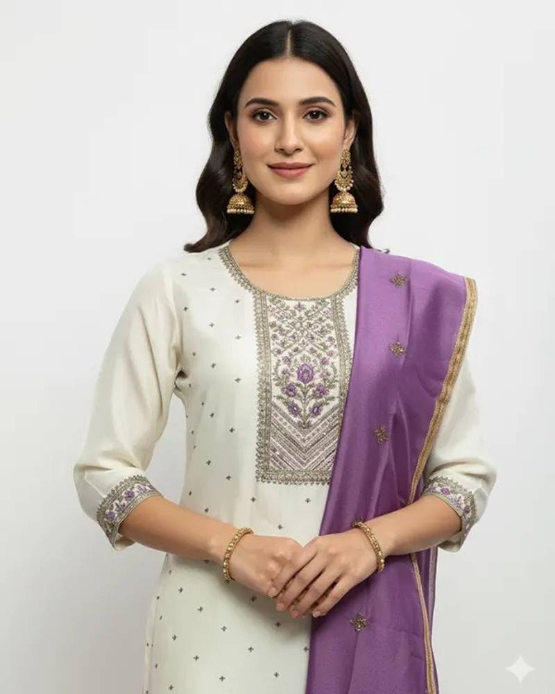 White viscose rayon embroidered kurta sets