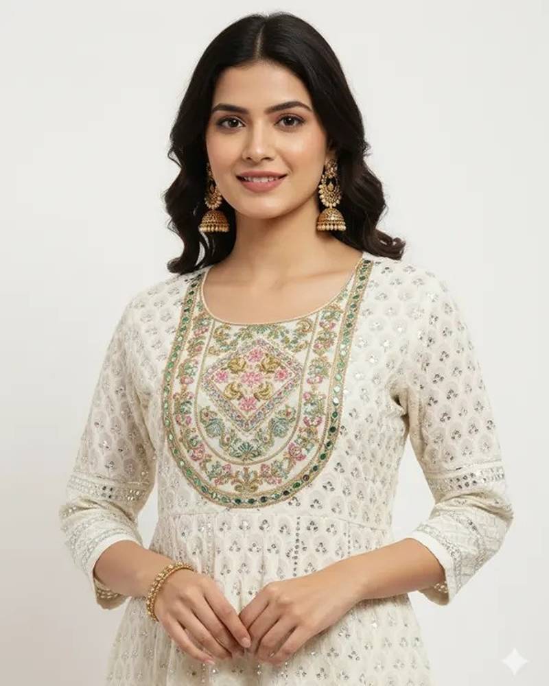 White dupion silk embroidered kurta sets