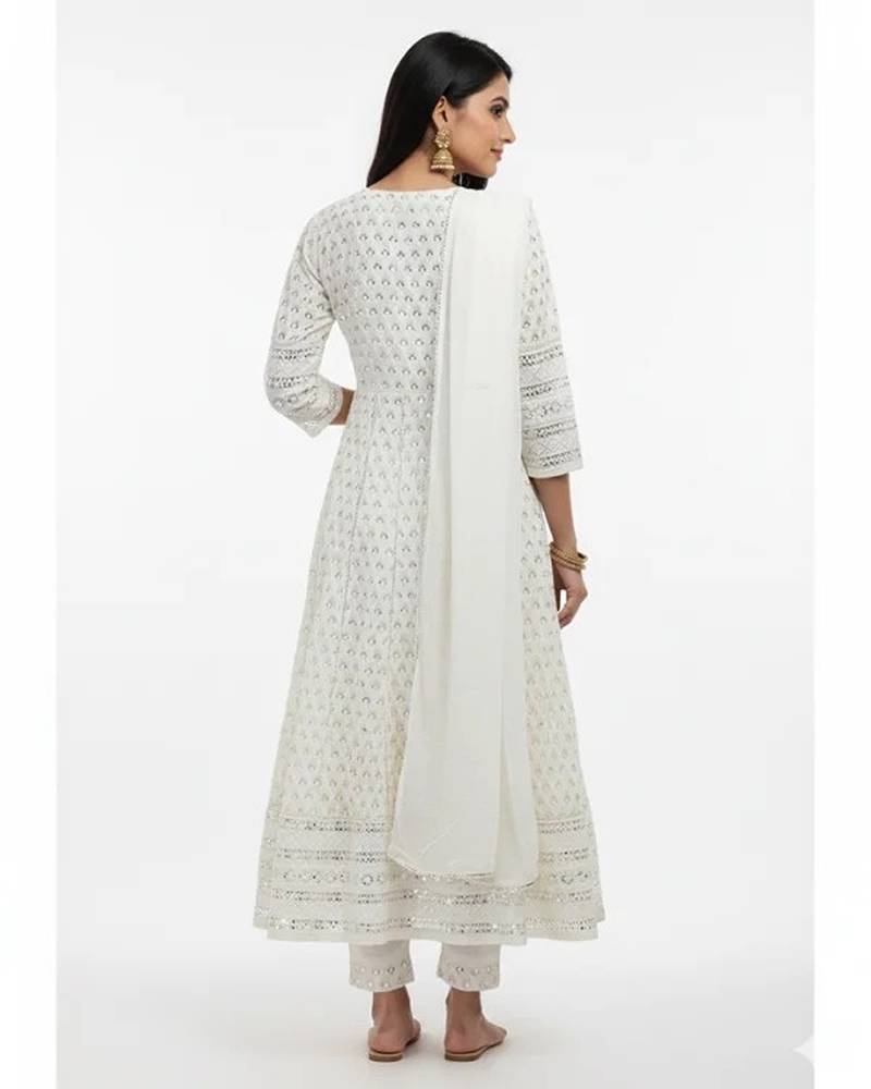 White dupion silk embroidered kurta sets