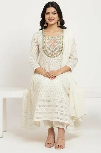 White dupion silk embroidered kurta sets